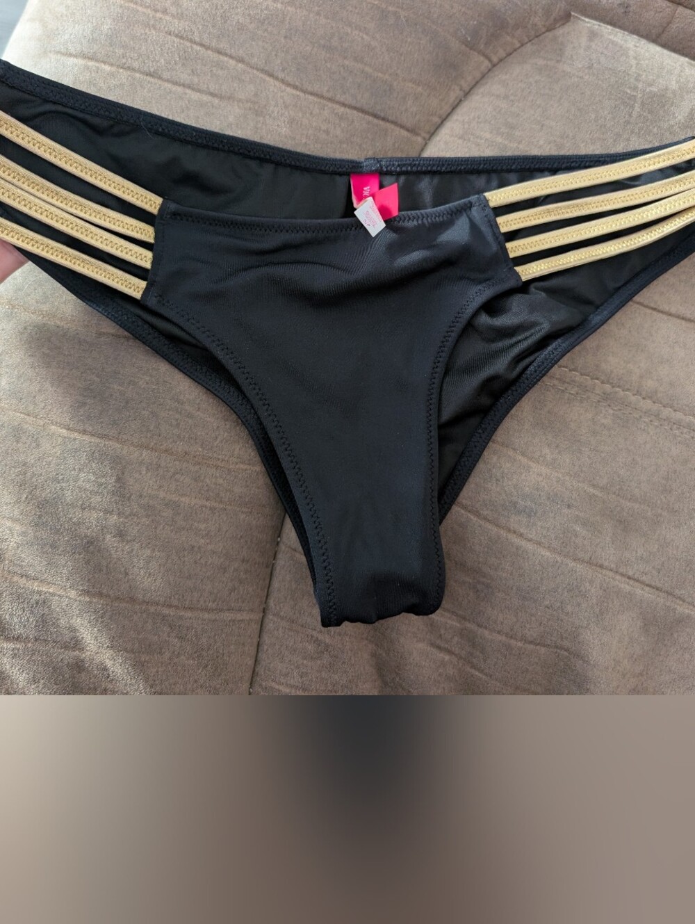 Victoria's Secret Black Bikini Bottom with Gold Strap Detail Size S - Picture 2 of 5